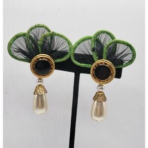 Vintage 1980s Statement Pearl Drop Lace Fan Earrings Gold Tone